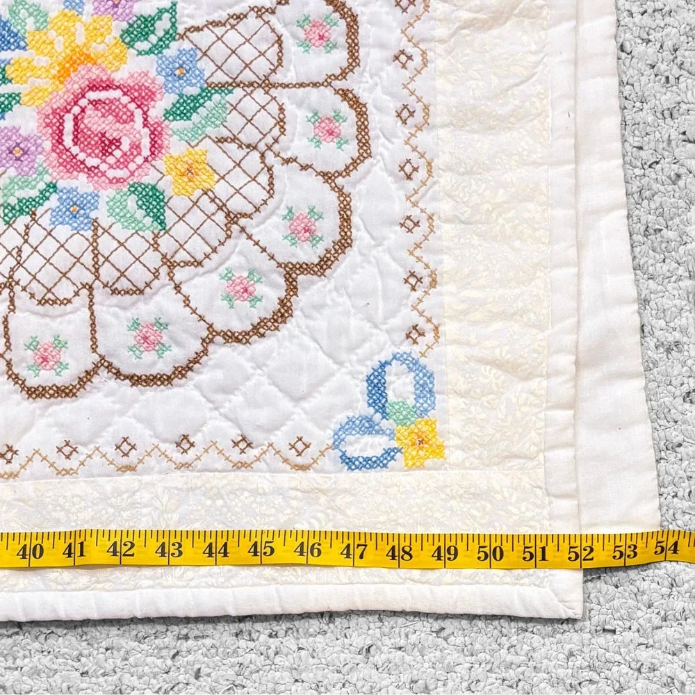 VTG‎ Handmade Quilted Cross Stitch Cottage Floral Fans 52